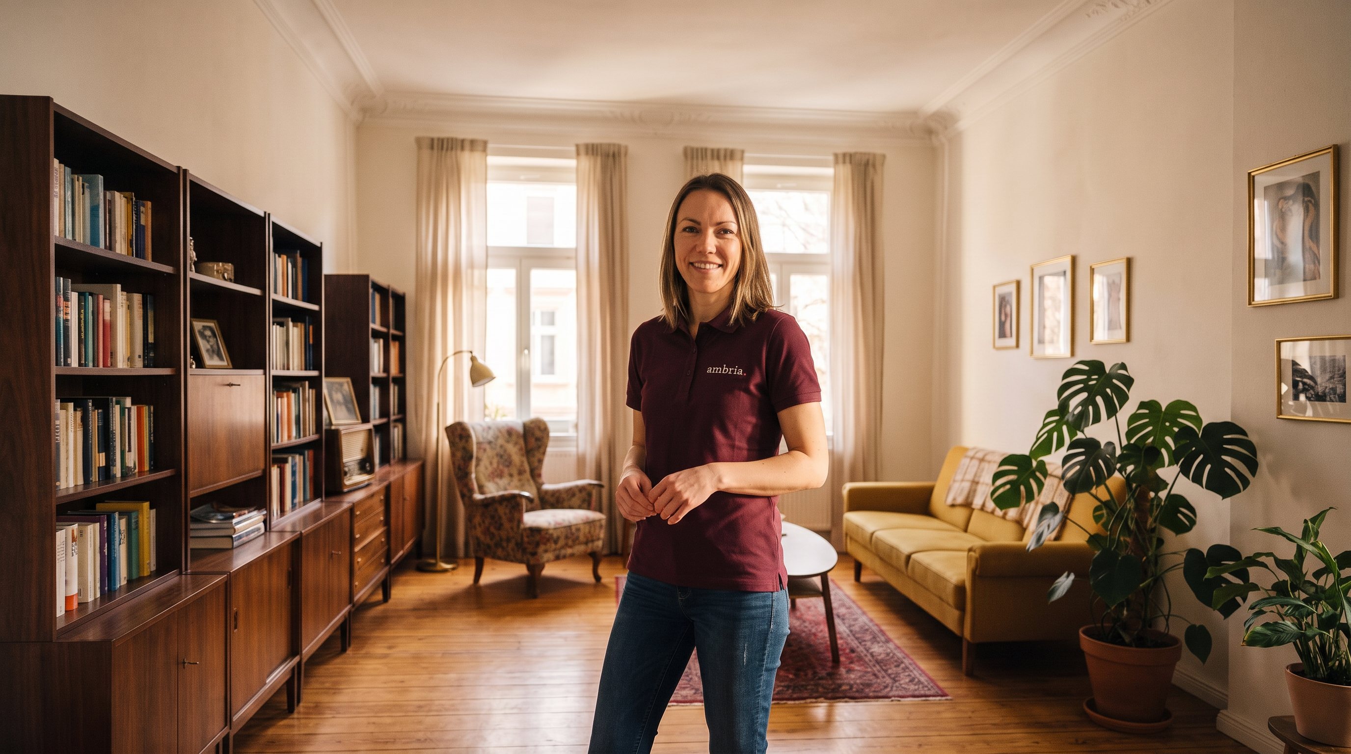 Eine Alltagshelferin im ambria-Poloshirt steht lächelnd in einem gemütlichen Wohnzimmer.